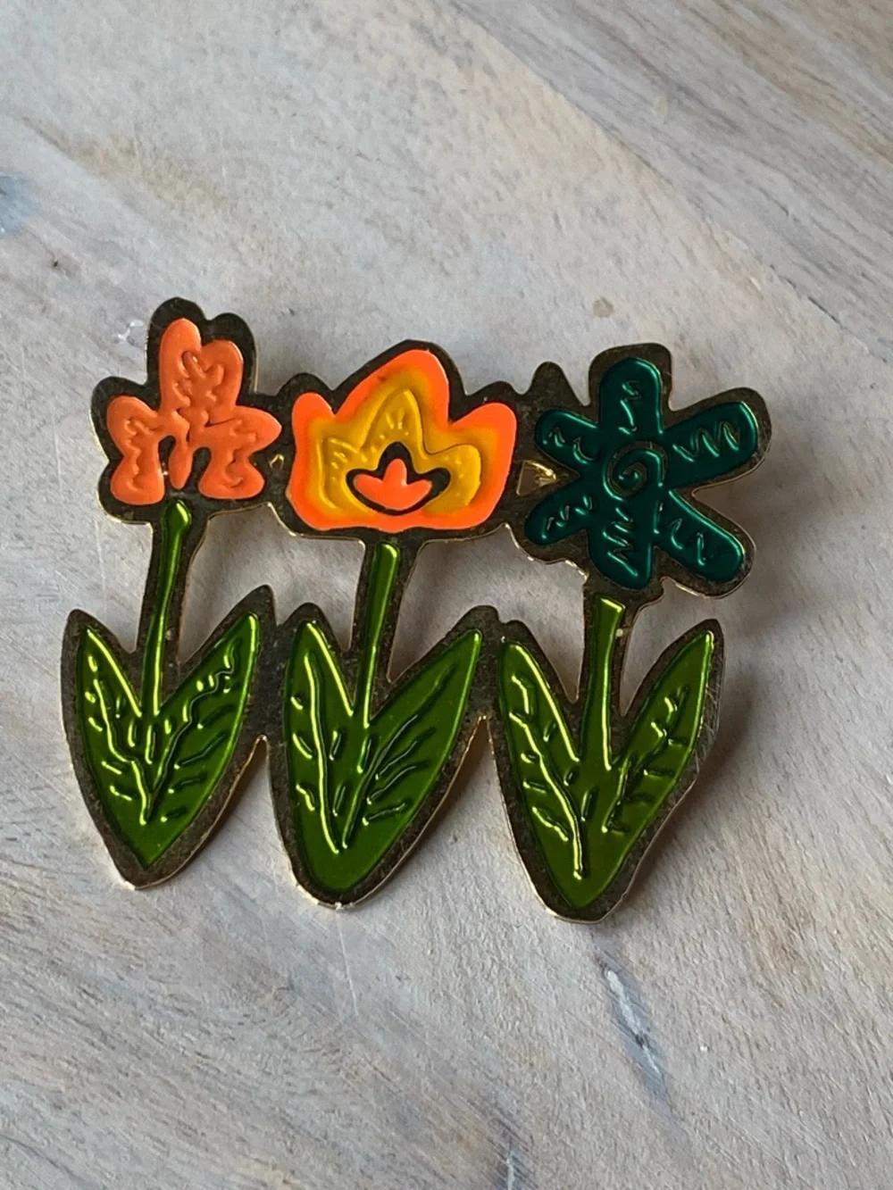 Vintage 80s Enamel Flower Pin Trio Neon Gold Tone Floral Statement Brooch